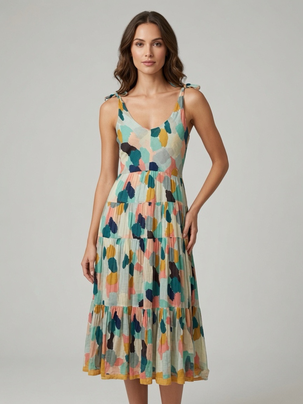 THML Multi Pastel Print Tiered Tie-Shoulder Maxi Dress